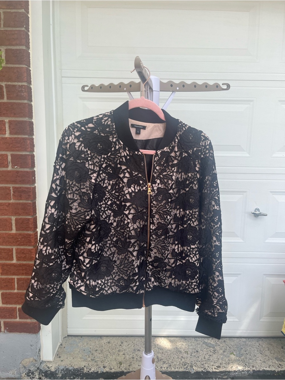 Stella & Dot Black Floral Lace Bomber Jacket with Nude Lining